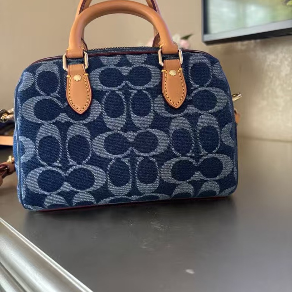 Coach Navy Signature Denim Mini Satchel with Tan Leather Trim - Picture 2 of 3
